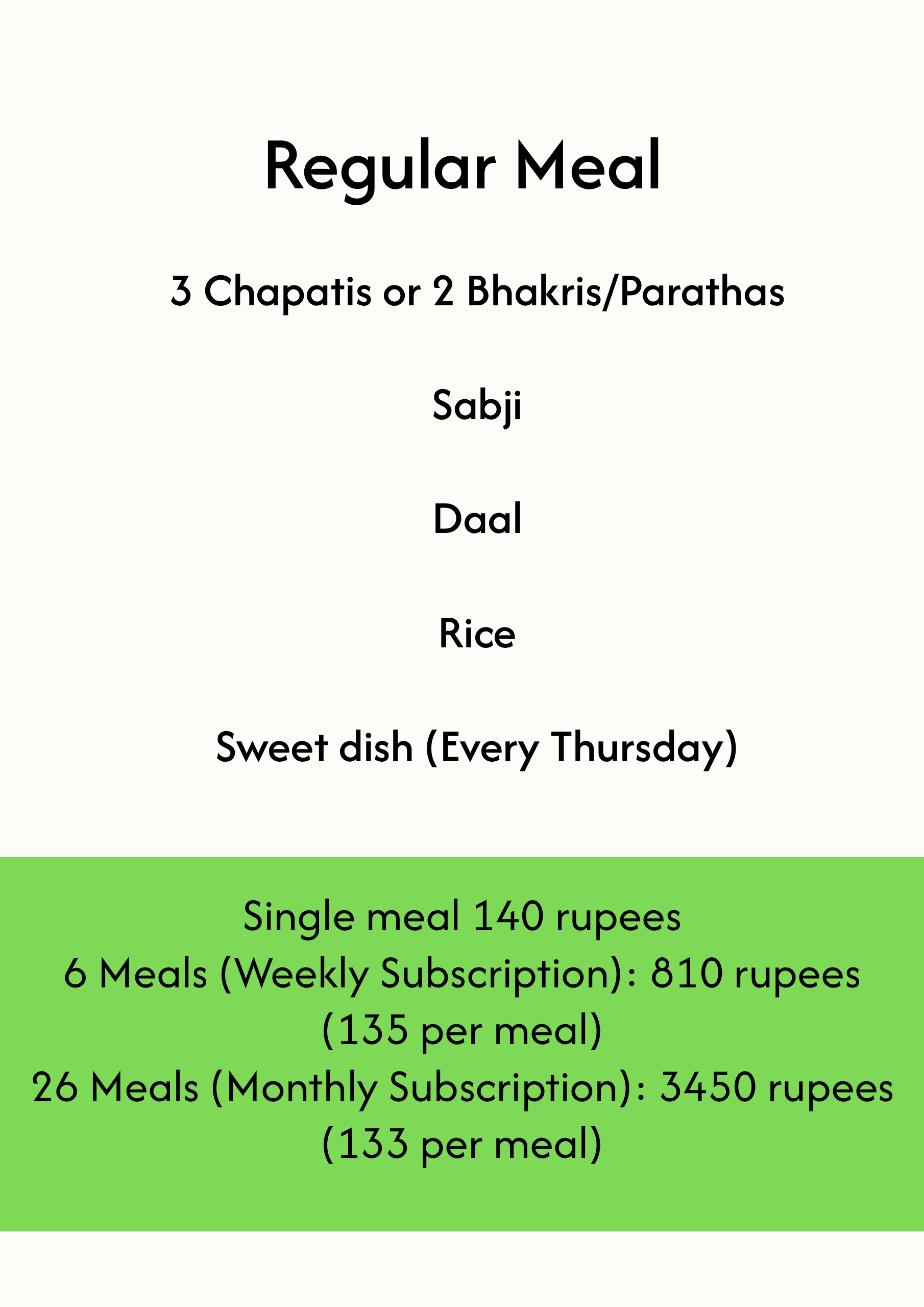 Regular meal pricing details